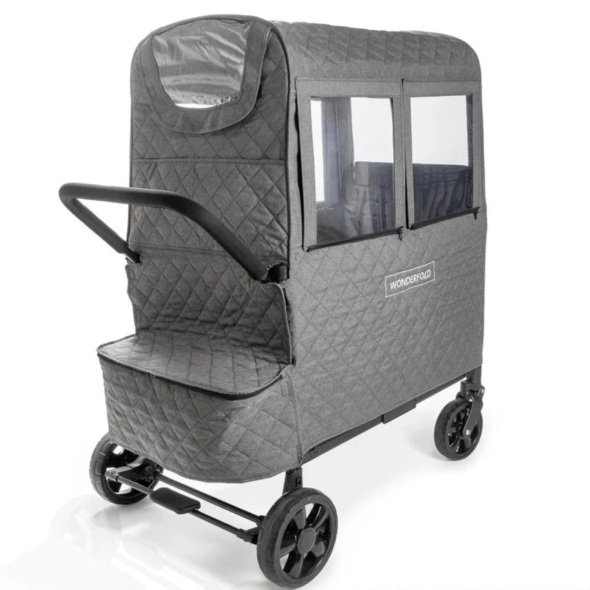 Heltäckande vinteröverdrag till 4-sitsiga barnvagnen WonderFold W4 Luxe Stroller Wagon i grått.